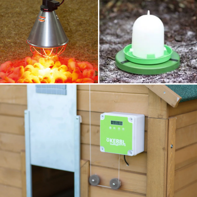 Wärmelampe für Küken, Tränkewärmer im Schnee und automatische Kerbl Hühnertür am Stall im Winter.png