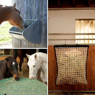 Slow-Feeder-Lösungen für dein Pferd im Überblick. Wandraufe, Rundballennetz und engmaschiges Heunetz an der Boxentür zur Reduktion von Heuverlusten.png