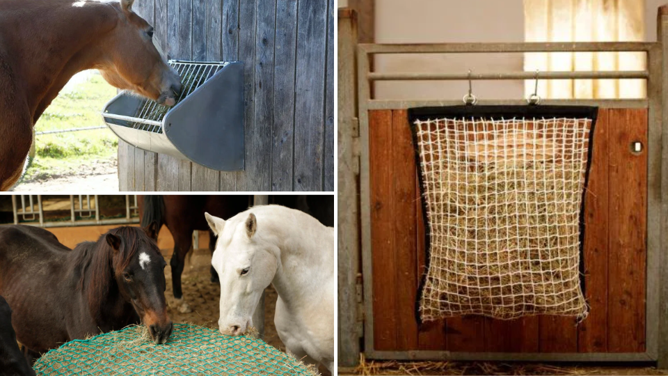 Solutions de slow feeding pour vos chevaux. Râtelier mural, filet pour balle ronde et filet à foin fixé à la porte du box pour limiter le gaspillage.png