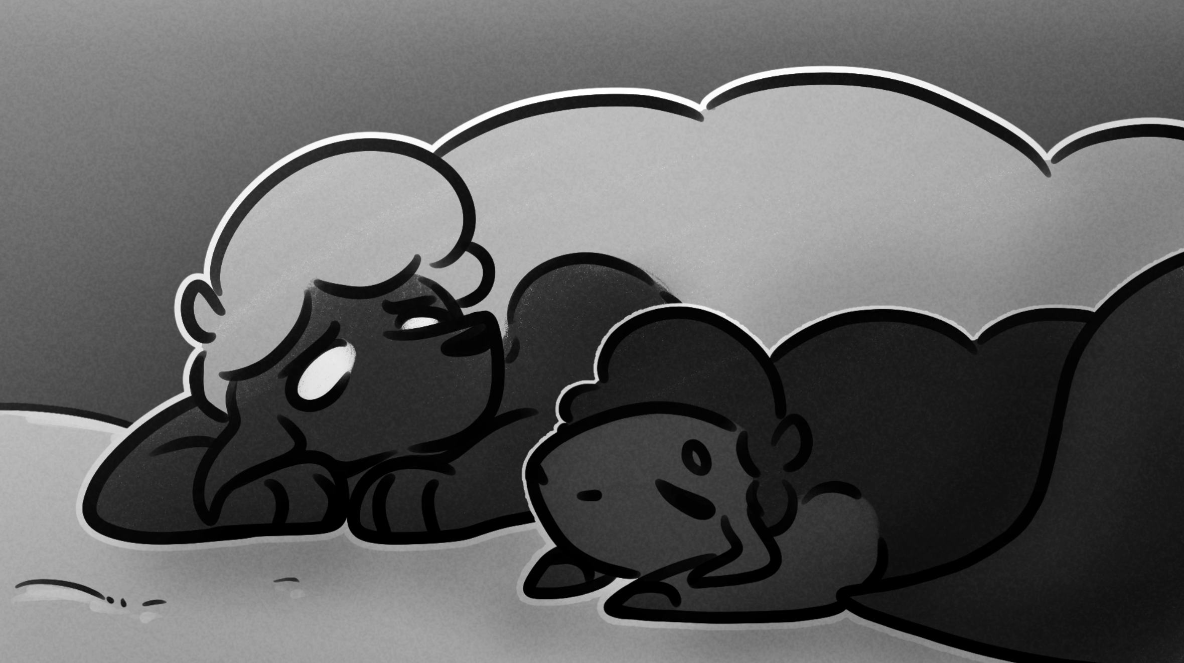 Wolf in their sheep disguise laying down with Sheep who is asleep. Their tail is wrapped around sheep and they are looking at Sheep with a sad expression.