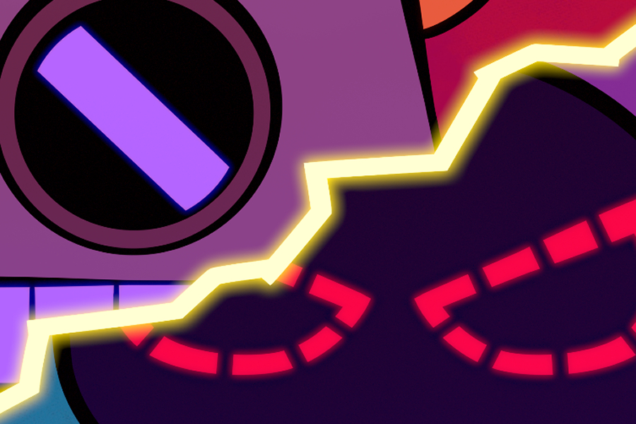 A screen split in half by a lightning bolt.  On one half of the screen, a robot with angry pink eyes. On the other half is a monocular robot.