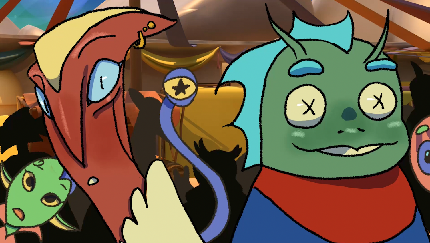 Bust shot of a group of aliens in a market reacting to something shocking. The main focus is on two aliens in the foreground. A red and thin alien is reacting in shock, and a large and green alien is reacting happily.