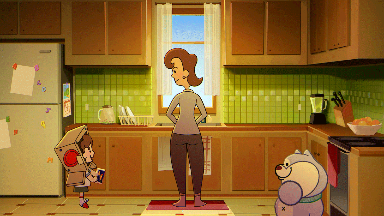A mum is washing dishes in a warm homely kitchen. A dog is nearby sniffing the ground. A child is seen running in with a picture he drew in his hand trying to show his mum.