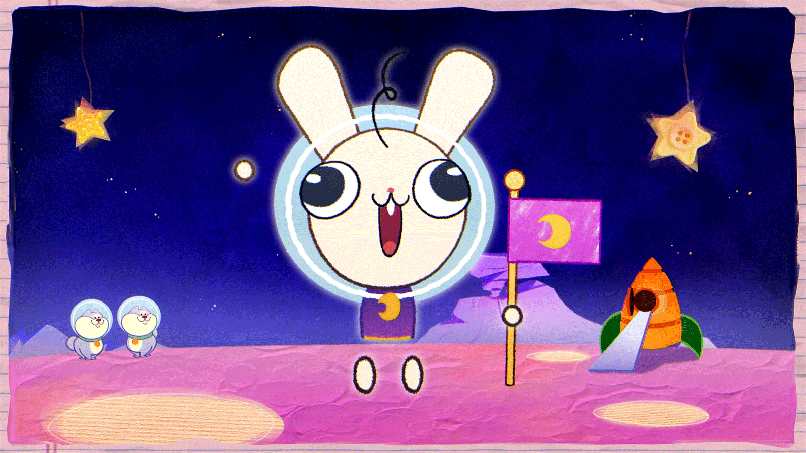 A paper border encases the orange interior of Baby Space Bunny’s Ship. A huge smile is on Baby Space Bunny’s face as he pushes the leaver to launch his rocketship.