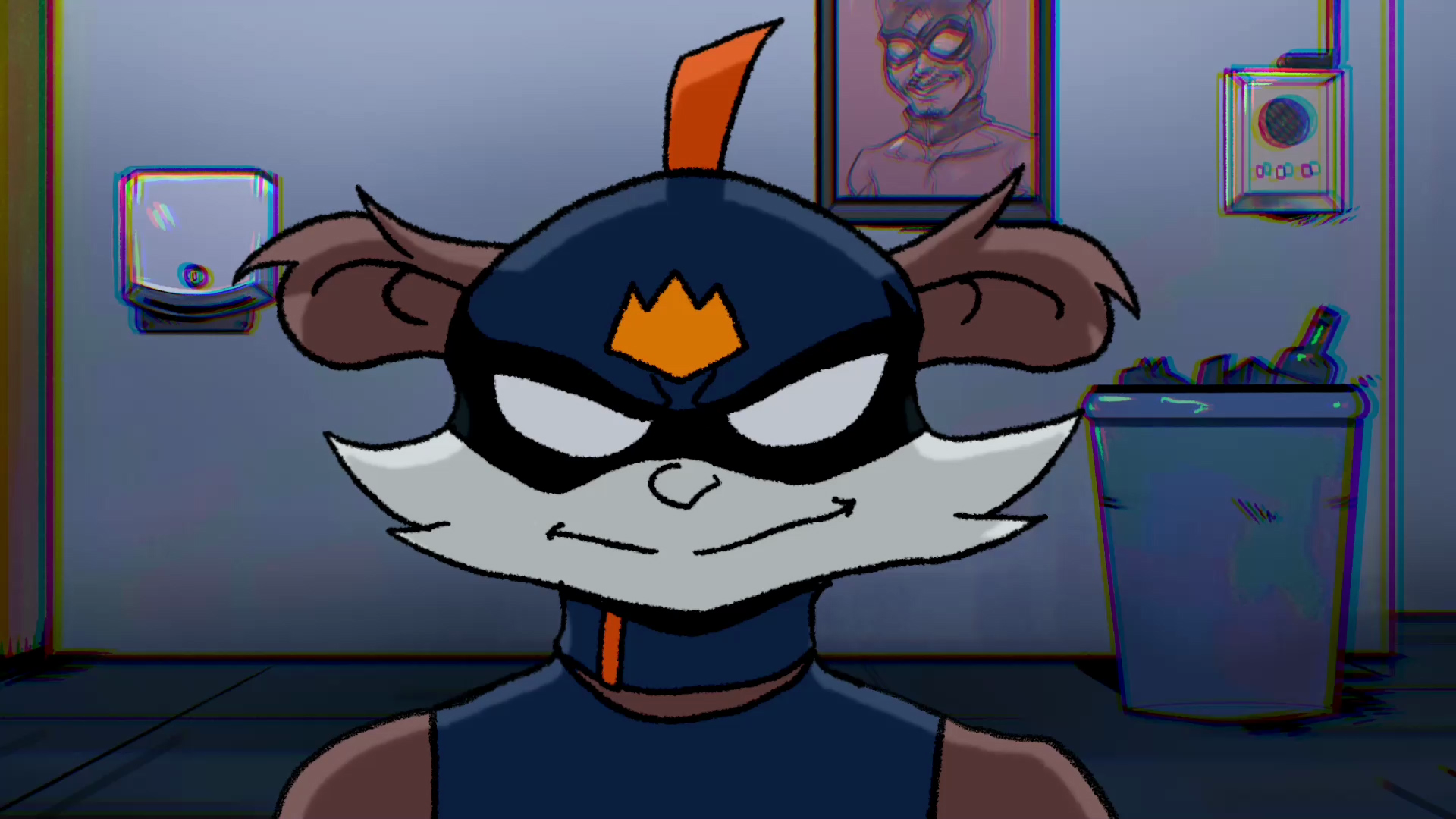 An emperor tamarin luchador smiles at the camera while in a locker room