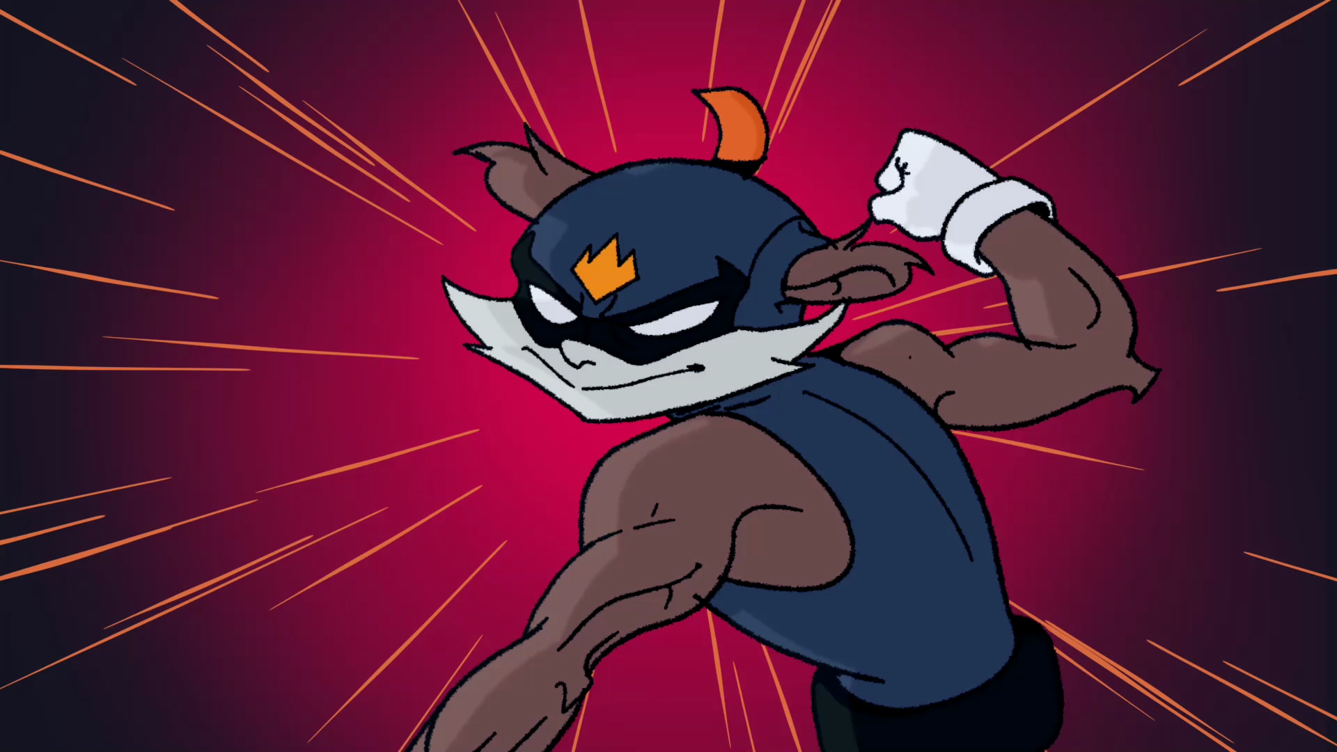 An emperor tamarin luchador throws a punch surrounded by speed lines.