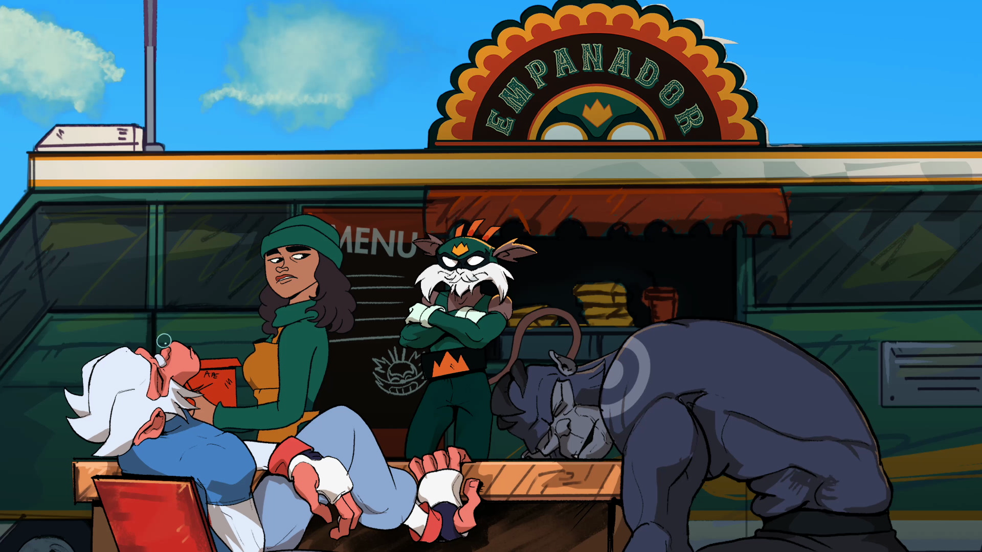 An emperor tamarin watches disappointedly as his proteges, a macaque fighter and a gorilla fighter are asleep in front of him. As a waitress walks by.