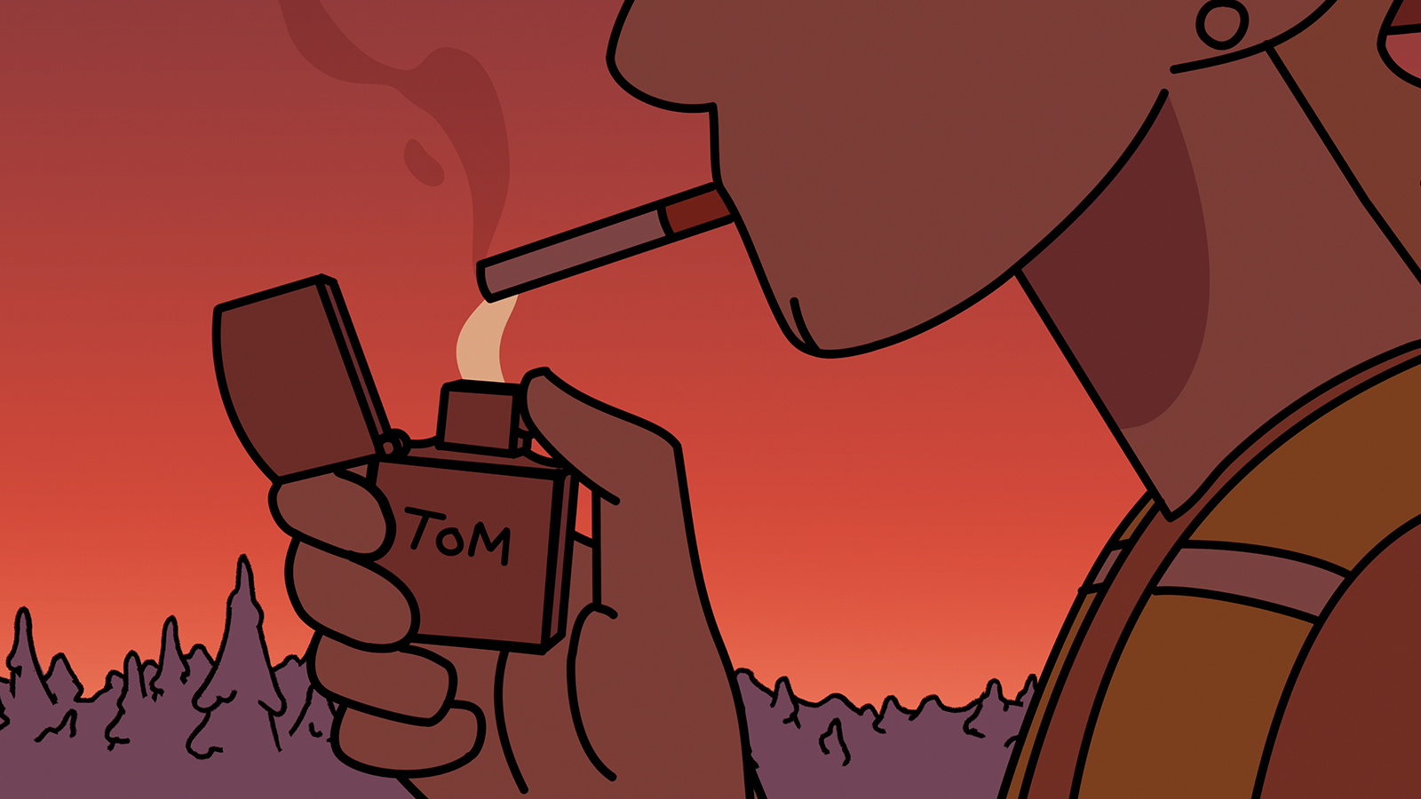 A young man lighting a cigarette in his mouth during a sunset.