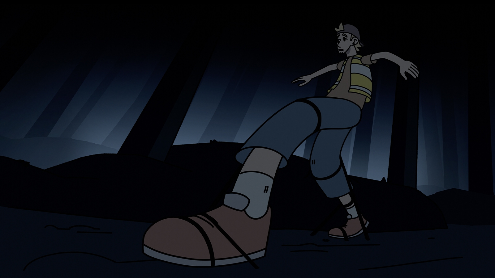 A young man wearing a log worker’s vest in a forest at night is shocked as his legs get wrapped by vines coming from the ground below him.
