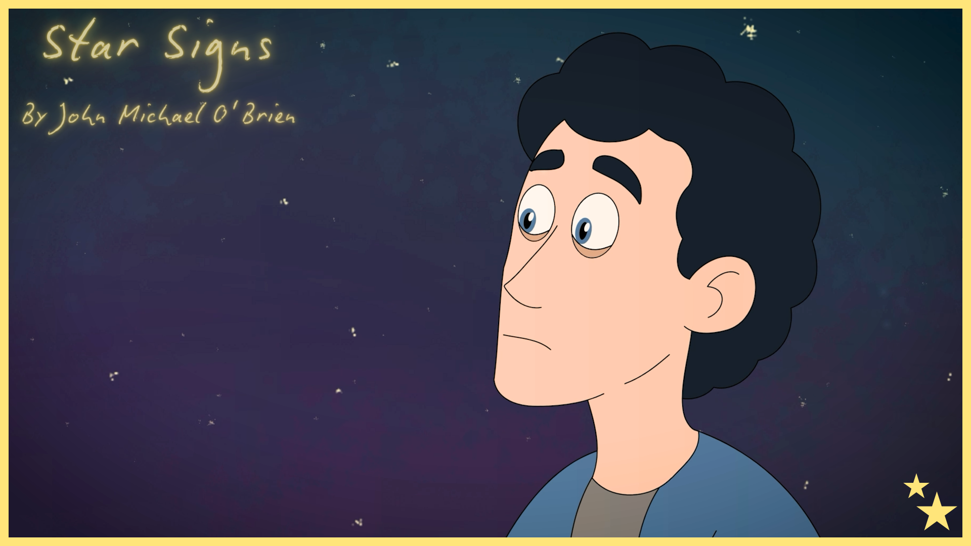 The protagonist, a young teen with dark blue hair, tilts his head upward against a starry night sky.
