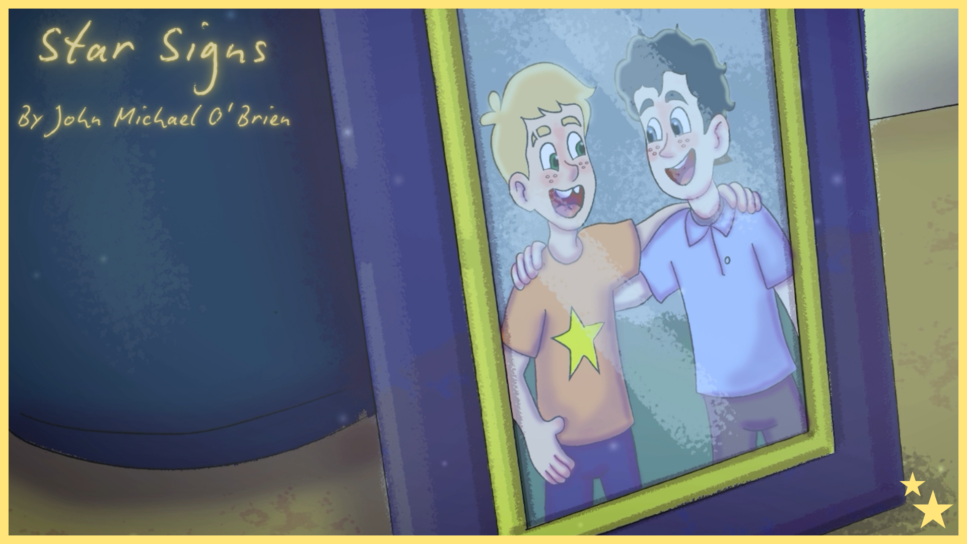 A framed photo of two young teens smiling together, with their arms around each other, placed on a bedside table in a softly lit bedroom.