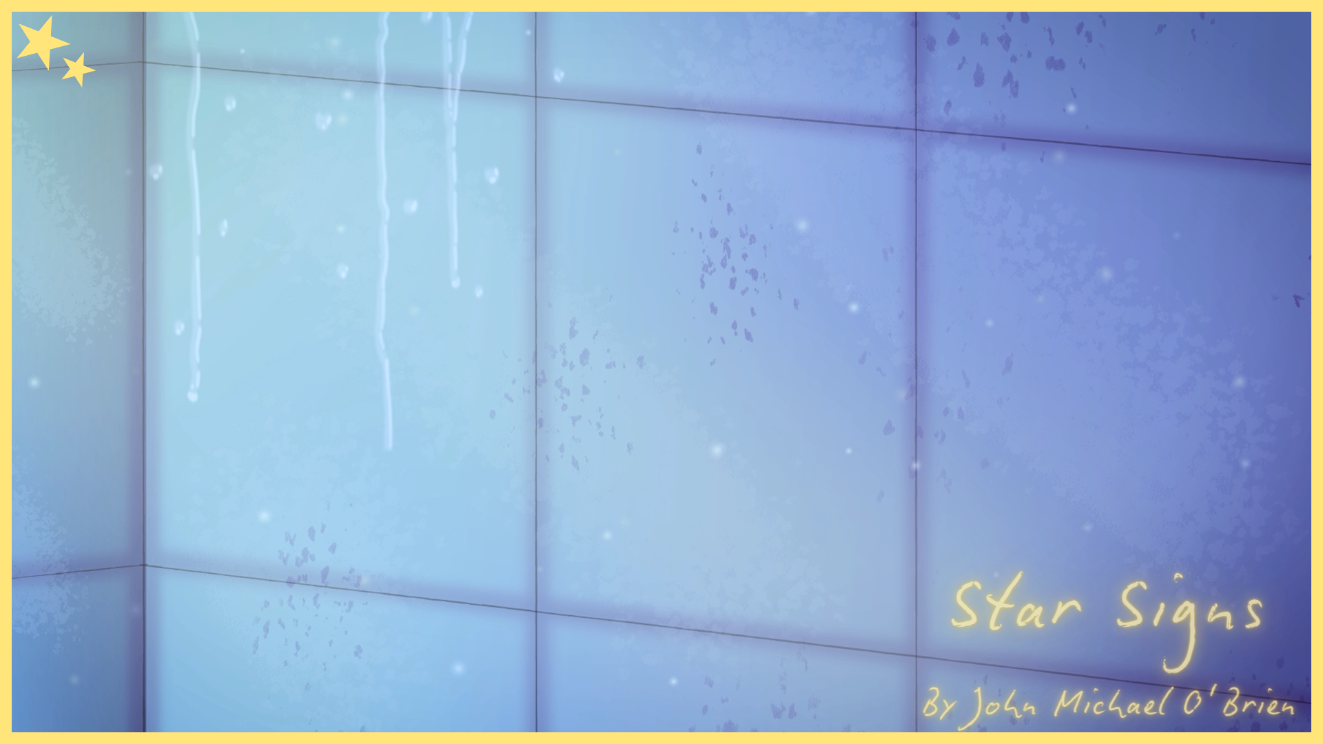 A corner of a bathroom with pale blue tiled walls, water streaks, and soft ambient lighting.