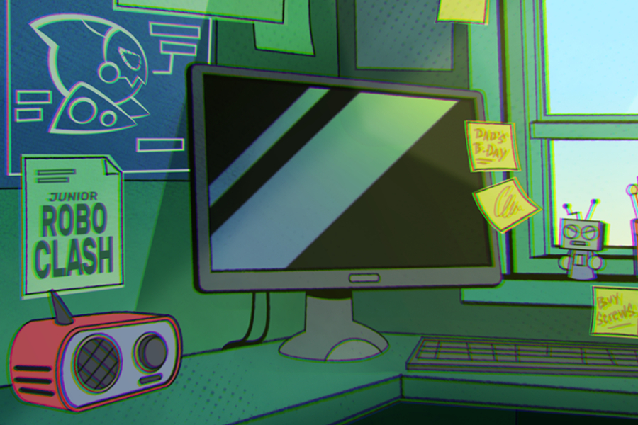 A bedroom desk with a small radio and a computer monitor.  There are blueprints pinned on the wall for a small robot and sticky notes scattered around the work space.
