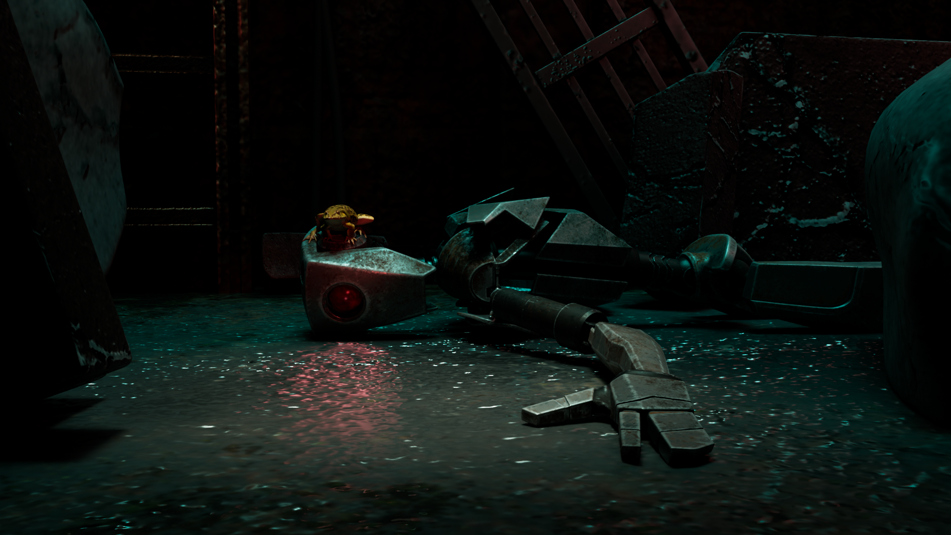 A robot is lying down on a wet concrete floor at the bottom of an elevator shaft with its arms spread out. Its red eye casts a light onto the ground in front of it. Broken rocks can be seen on the left, right and background of the image. A green frog sits on top of the robot's head. 