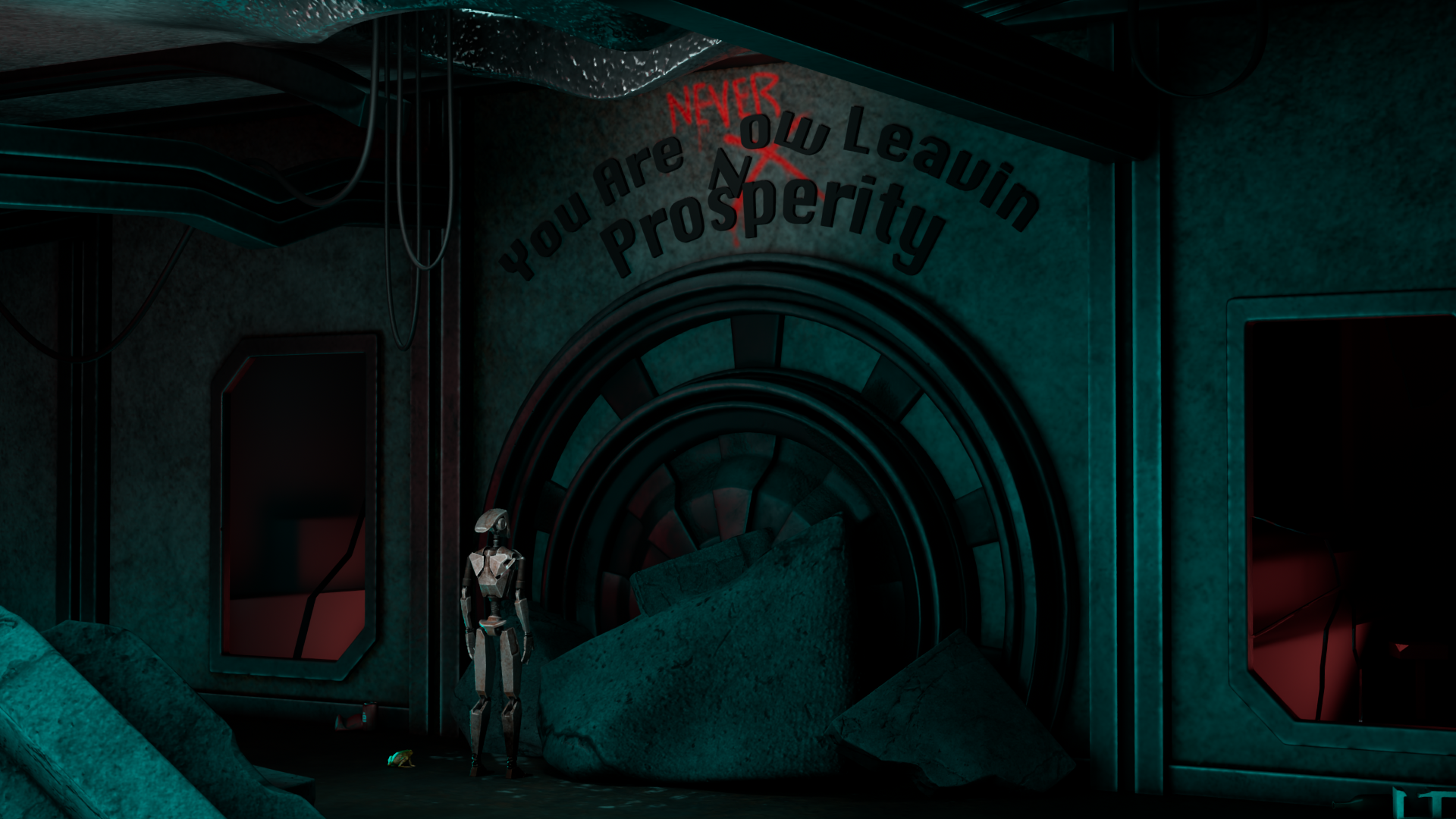 A robot stands in front of a large vault door. The door has broken lettering on top of it that says "You Are Now Leaving Prosperity". The word "Now" has a red X sprayed over it with the word NEVER graffitied above. There is a hole in the ceiling above the door with wires coming out. Broken rocks block the vault door. Next to the door are two broken windows with red light pouring out of them. There is a small frog standing next to the robot.