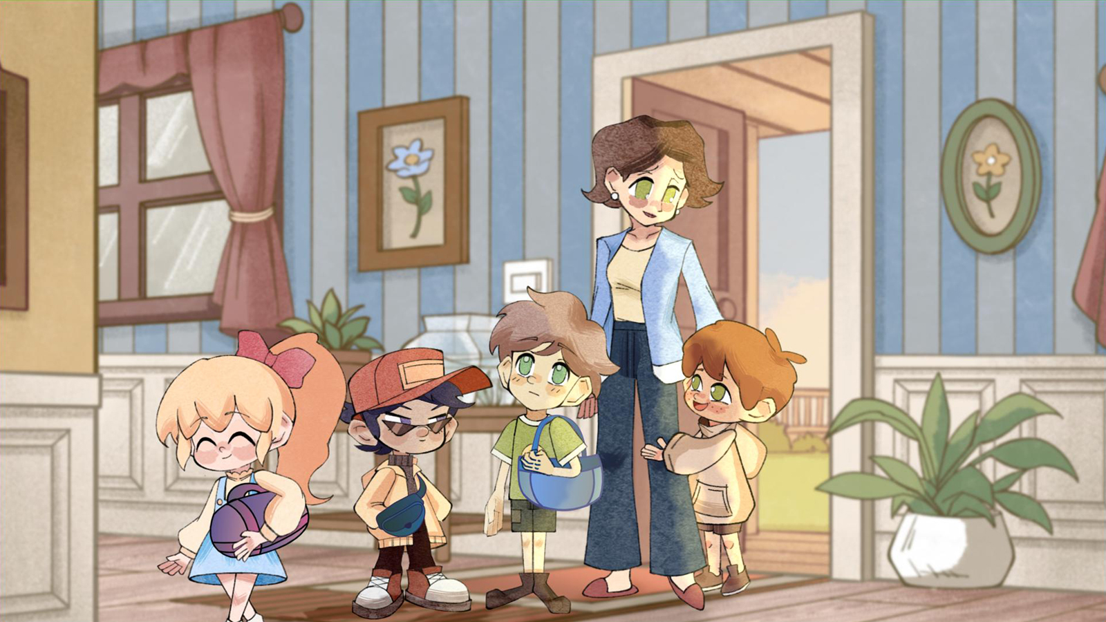 From inside the house, a mother stands at the open front door while a young boy hugs her leg and looks up. Three children walk past them into the home.