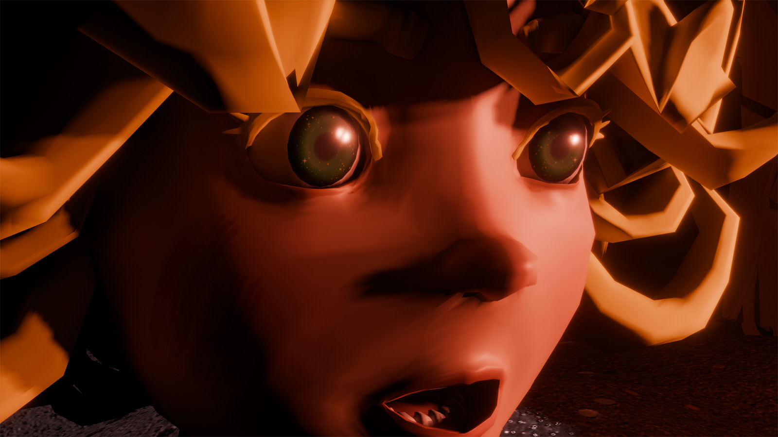 Close-up of Lugh’s face illuminated by an intense red-orange glow from an unseen fire nearby. His eyes are wide open with shock and fear, reflecting bright sparks of light, while his mouth hangs slightly open in disbelief. The dramatic lighting creates deep shadows across his face and highlights the emotional intensity of the moment as he witnesses destruction unfolding around him.