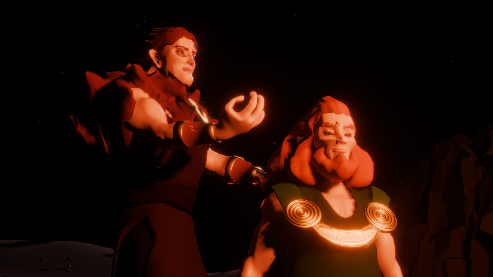 A tall man named Bres stands on the left side of the image, raising one hand as if giving an order or speaking with authority. Beside him, Nuada kneels with his head lowered, wearing a glowing golden torc across his chest that shines brightly against the darkness. Both figures are lit by strong red-orange firelight that casts heavy shadows over their faces and clothing. The dark night background and harsh lighting create a tense atmosphere, suggesting conflict, power, and loss between the two characters.