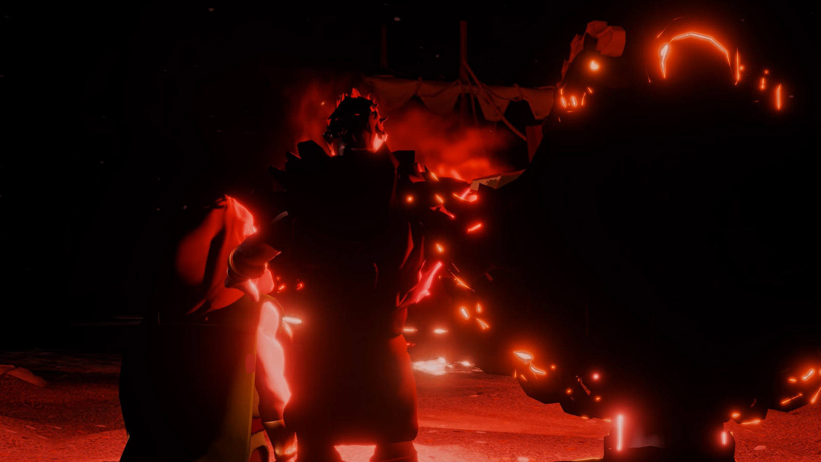 Lugh, a child with bright yellow hair, stands in the foreground partially hidden in shadow as he secretly watches Bres and Nuada in the distance. The two men appear only as dark silhouettes against the bright flames of a burning ship behind them. Bres stands with one arm extended while Nuada kneels beside him, their figures surrounded by smoke and glowing orange-red light from the fire. Thick smoke rises into the night sky as the ship burns in the background, creating dramatic contrast and deep shadows across the scene. The image captures Lugh witnessing a tense and emotional moment connected to destruction, power, and betrayal.
