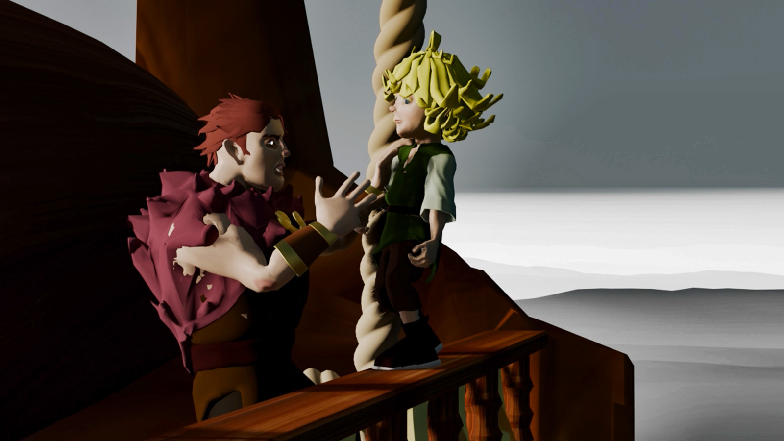 Bres, a tall man with short red-brown hair, stands on the wooden deck of a ship and reaches both hands toward Lugh, a small child standing on the ship’s railing beside a thick rope mast. Lugh’s bright yellow hair forms sharp curled shapes around his head, and he wears a green tunic with pale sleeves and dark trousers. Bres looks upward toward the child with an emotional and urgent expression, as though pleading with or warning him. Warm light casts strong shadows across the wooden ship structure and the characters’ faces. Behind them, a fog-covered sea stretches into the distance beneath a pale grey sky, creating an isolated and uneasy atmosphere that reflects the emotional tension between the two characters.