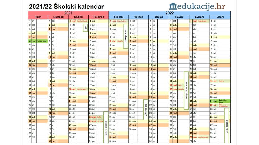 Školski kalendar u školskoj godini 2021./2022.