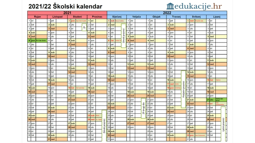 Školski kalendar u školskoj godini 2021./2022.