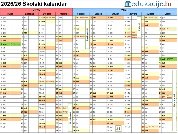 Školski kalendar i praznici za 2025. i 2026. školsku godinu