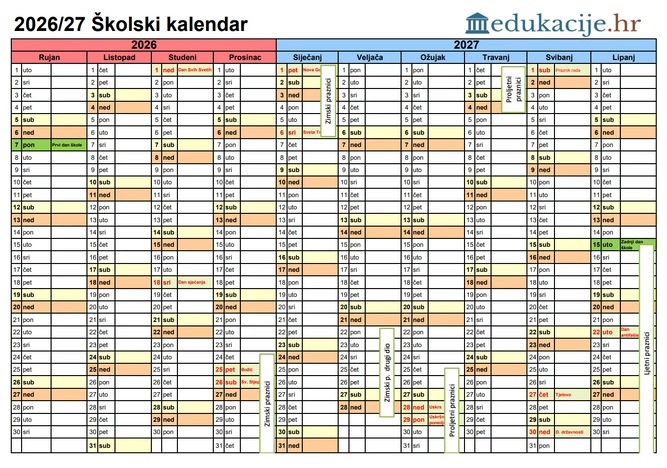 Školski kalendar i praznici za 2026. i 2027. školsku godinu