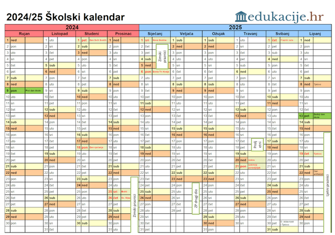 Školski kalendar i praznici za 2024. i 2025. školsku godinu