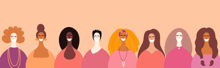 Illustration von acht verschiedenen Frauen, die in einer Reihe stehen, alle lächeln und Kleidung in Rosa- und Pfirsichtönen tragen.