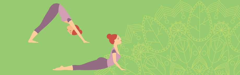 Illustration einer Frau, die den nach unten gerichteten Hund und die Kobra-Yoga-Posen auf einem grünen Hintergrund mit Blattmustern ausführt.