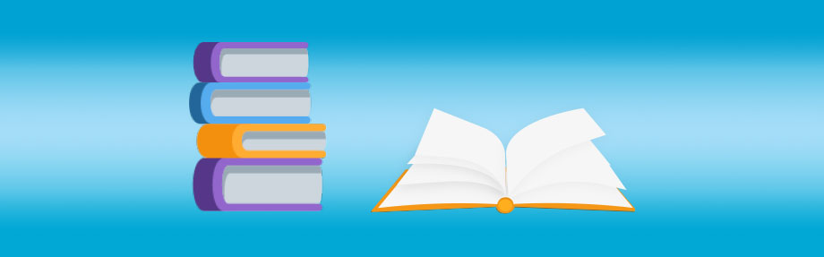 Illustration eines Stapels geschlossener Bücher auf der linken Seite und eines offenen Buches auf der rechten Seite vor einem blauen Hintergrund mit Farbverlauf.