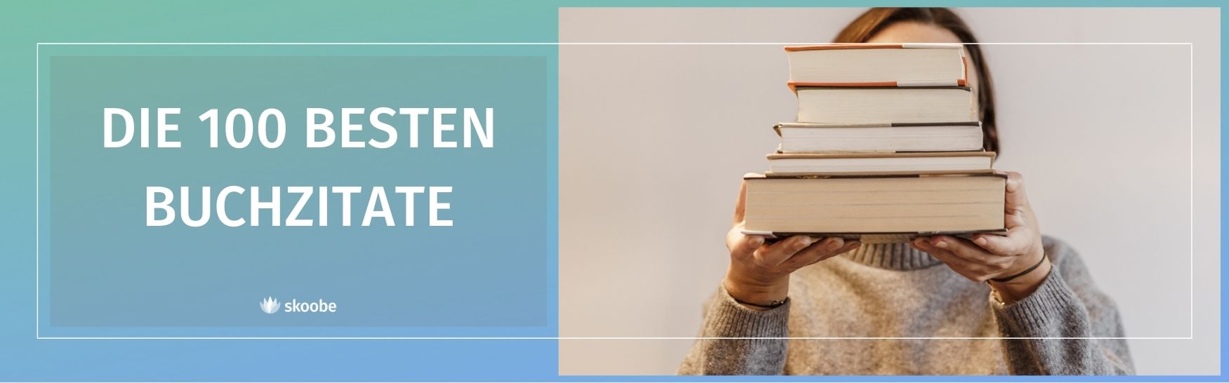 Eine Person hält einen Stapel Bücher; daneben steht 