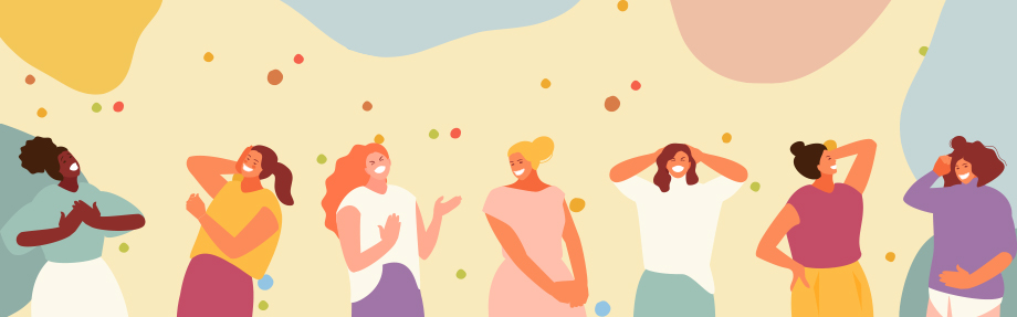 Illustration von sieben Frauen, die in einer Reihe stehen, lächeln und lachen zusammen vor einem farbenfrohen abstrakten Hintergrund mit weichen Formen und Punkten.