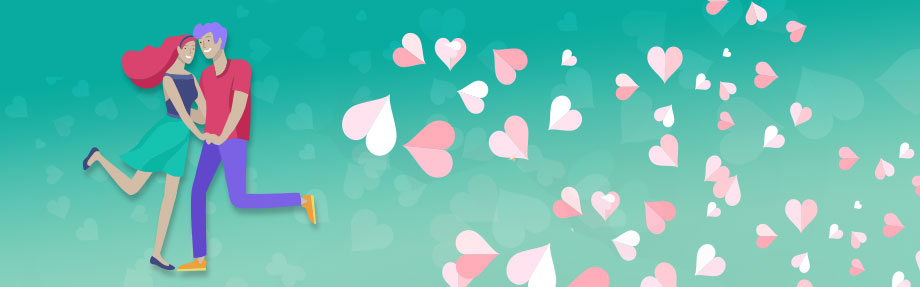 Illustration eines Paares, das sich auf einem blaugrünen Hintergrund umarmt, mit rosa und weißen Herzformen, die nach rechts verstreut sind.