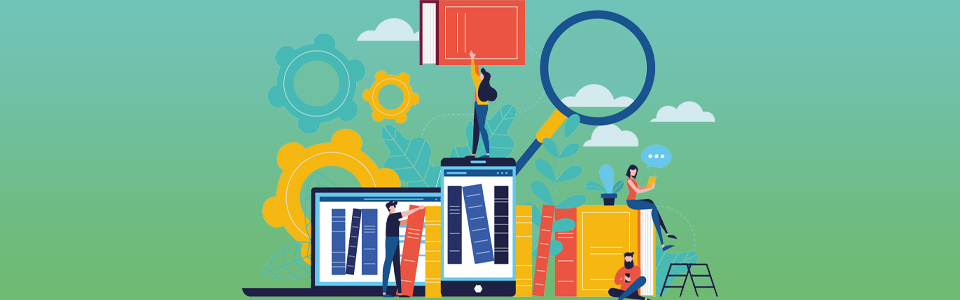 Illustration von Menschen, die Bücher lesen, Laptops und Telefone benutzen, mit Zahnrädern und einem großen Vergrößerungsglas im Hintergrund.