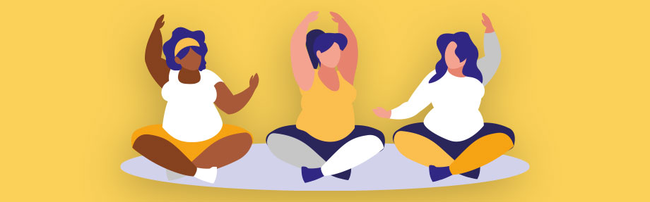 Illustration von drei Frauen mit unterschiedlichen Hauttönen, die im Schneidersitz sitzen und die Arme vor einem gelben Hintergrund ausstrecken.