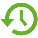 Grünes Uhrensymbol mit einem kreisförmigen Pfeil, der gegen den Uhrzeigersinn zeigt und Geschichte oder Zeit symbolisiert.