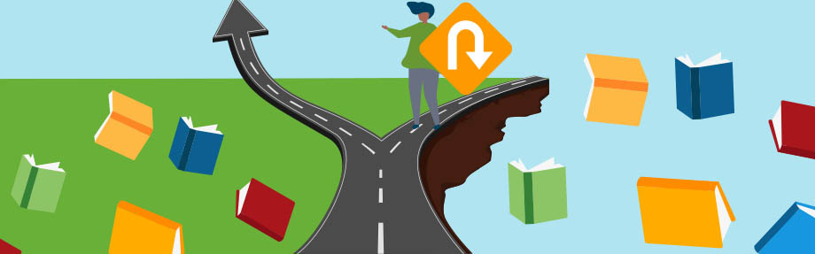 Eine Person, die an einer Weggabelung in der Nähe einer Klippe ein Schild zum Wenden hält, in dem Bücher herumfliegen.