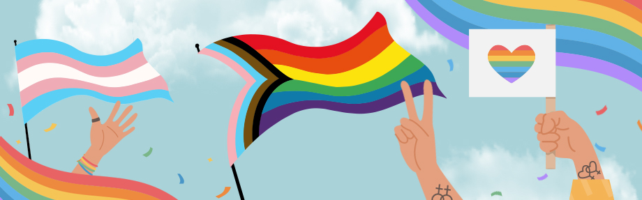 Illustration von Händen, die eine Transgender-Flagge, eine Progress-Pride-Flagge und ein Schild mit einem Regenbogenherz halten, alles vor einem bewölkten Himmel mit Regenbogen- und Konfetti-Dekorationen.