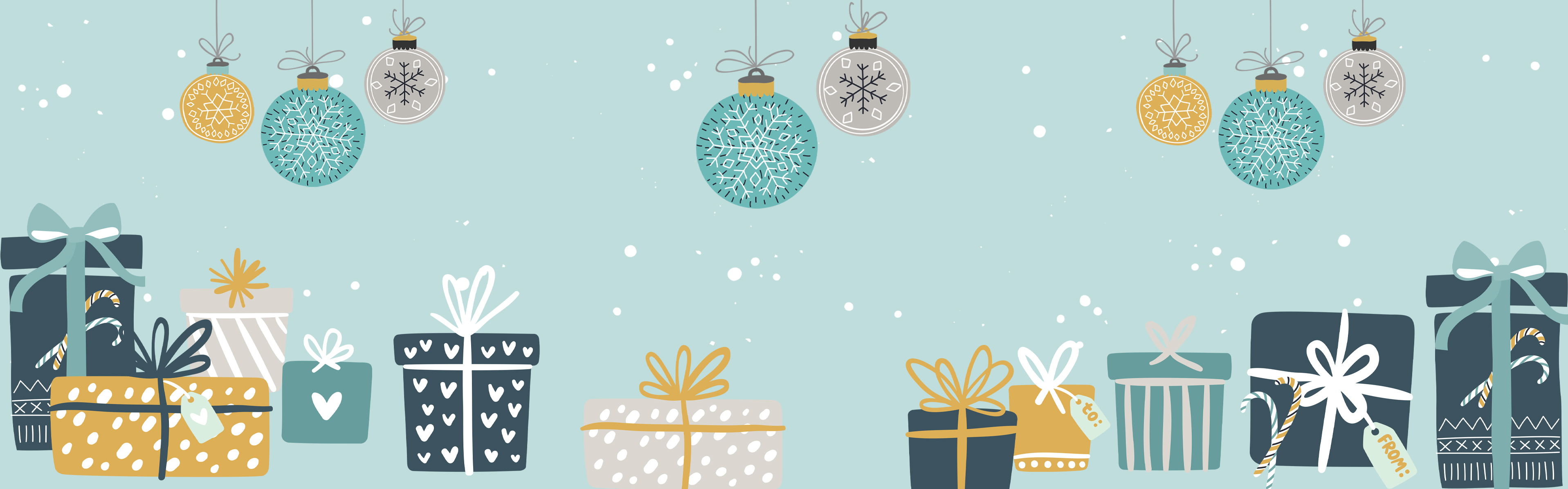 Illustration von Geschenkboxen mit Bändern und Weihnachtsschmuck, die über ihnen hängen, vor einem hellblauen Hintergrund mit Schneeflocken.