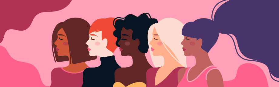 Illustration von fünf verschiedenen Frauen, die im Profil vor einem rosa Hintergrund stehen, jede mit unterschiedlichen Haarfarben und Frisuren.