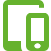 Grünes Symbol, das ein Tablet und ein Smartphone nebeneinander auf einem weißen Hintergrund darstellt.