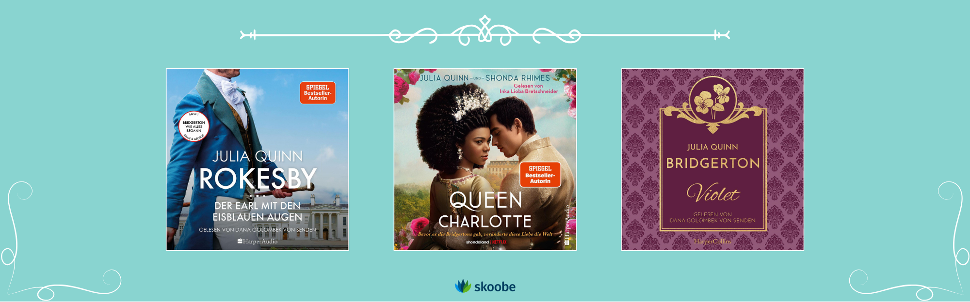 Zu sehen sind drei Hörbücher von Julia Quinn, die vor Bridgerton gespielt haben