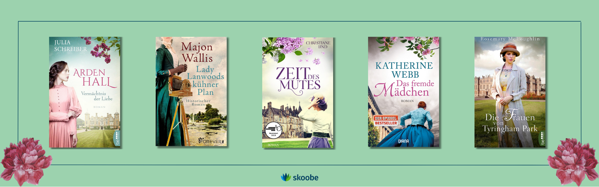 Zu sehen sind die Cover von fünf Regency-Romanen: Von links nach rechts Arden Hall, Lady Lannwoods kühner Plan, Zeit des Mutes, Das fremde Mädchen und die Frauen von Tyrningham Park