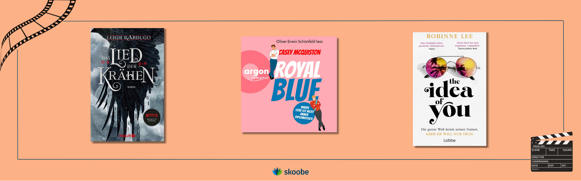 Zu sehen sind die Buchvocer, von links nach rechts: Das Lied der Krähen, Royal Blue und The Idea of you