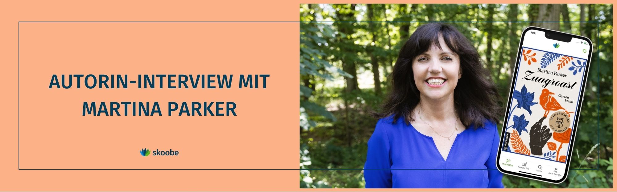 Foto-Collage: Autorin Martina Parker und ein Smartphone-Screen mit dem Cover ihres Buches 