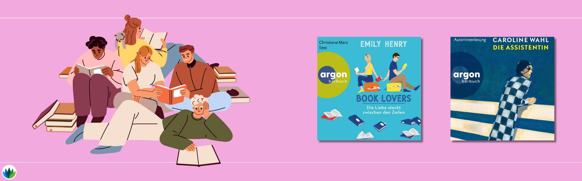 illustration eines Buchclubs. 5 Menschen, die zusammensitzen und über ein Buch sprechen, Cover von Booklovers und Die Assistentin.png