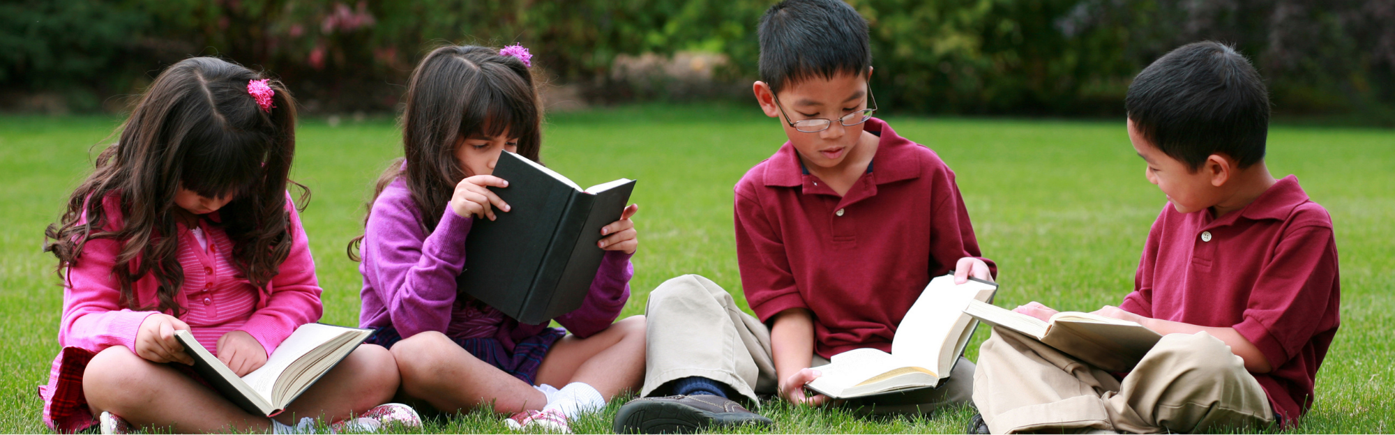 Schulkinder sitzen auf einer Wiese und lesen gemeinsam