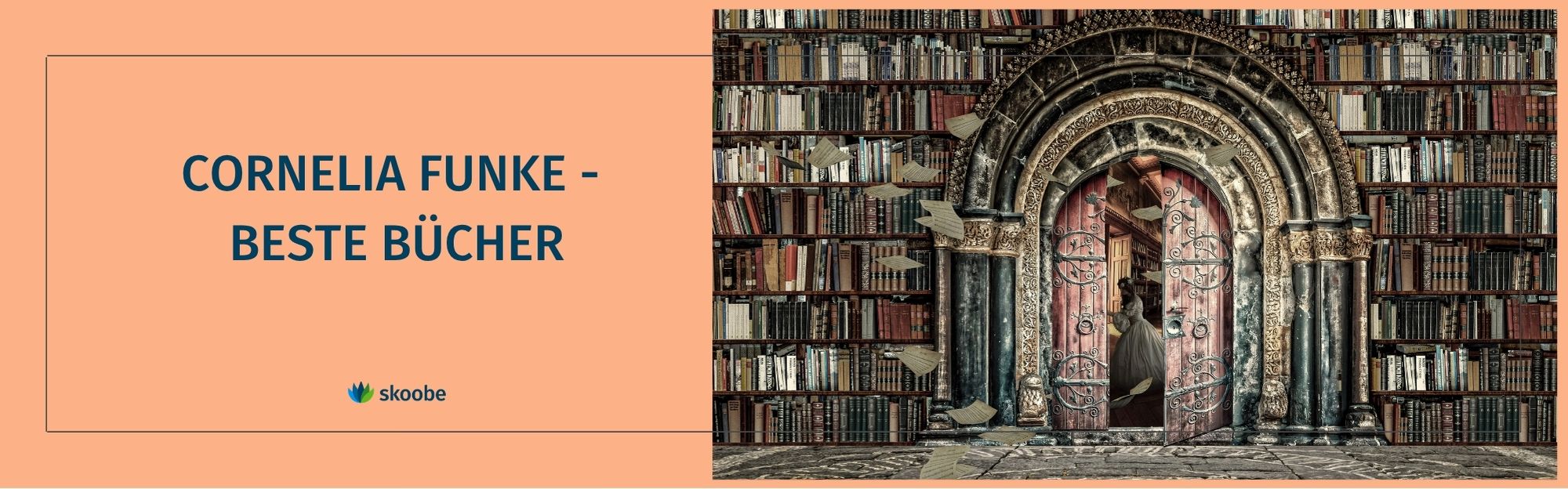 Titel des Artikels und Bild mit fantastischer Bibliothek mit alten, zum Teil fliegenden Büchern und einem Mädchen in altem Gewand, das durch eine Tür verschwindet.